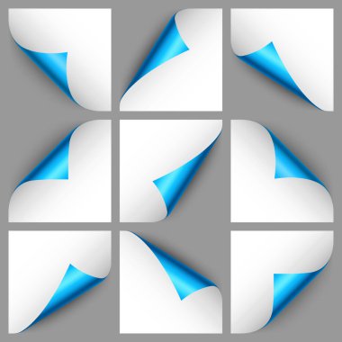 Mavi kağıt bukleleri. Gölgeli kıvrımlı sayfa köşesi. Boş bir kağıt parçası. Renkli parlak folyo. Reklam ve tanıtım için tasarım elemanı. Vektör illüstrasyonu