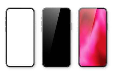 Boş dokunmatik ekranlı akıllı telefon ve soyut renkli arkaplan, duvar kağıdı. Ön görüntüde çerçevesiz cep telefonu var. Yüksek kalite detaylı cihaz modeli. Vektör illüstrasyonu.