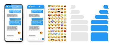 Akıllı telefon mesajlaşma uygulaması, emoji ile kullanıcı arayüzü tasarımı. SMS metin çerçevesi. Mavi mesaj baloncuklu sohbet ekranı. İletişim için mesaj uygulaması. Sosyal medya uygulaması. Vektör illüstrasyonu.