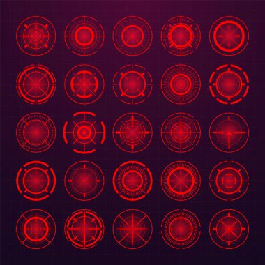 Crosshair, silah görüş vektör simgeleri. Tam isabet, siyah hedef ya da nişan sembolü. Askeri tüfek dürbünü, işaret fişeği. Nişan alıyorum, nişan alıyorum. Okçuluk, avcılık ve spor atıcılığı. Oyun UI ögesi