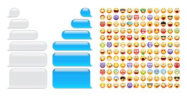 İçinde emoji olan boş mesaj baloncukları. Mavi sohbet ya da haberci konuşma balonu. SMS metin çerçevesi. Kısa mesaj gönderiliyor. Konuşma ekranı. Sosyal medya uygulaması. Vektör illüstrasyonu.