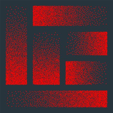 Noktalı desen, kırmızı noktalı dikdörtgen tasarım elementleri. Noktalama, noktalama çizimi, noktalar kullanarak gölgeleme. Piksel ayrışması, rastgele yarım ton etkisi. Beyaz gürültü tanecikli doku. Vektör illüstrasyonu.