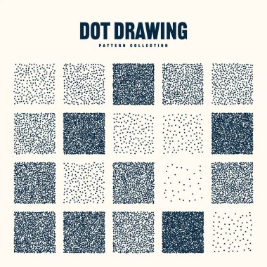 Square shaped dotted objects, vintage stipple elements. Stippling, dotwork drawing, shading using dots. Halftone effect. White noise grainy texture, pattern. Vector illustration.