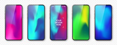 Dokunmatik ekranlı akıllı telefon ve soyut renkli arkaplan, duvar kağıdı. Ön görüntüde çerçevesiz cep telefonu var. Yüksek kalite detaylı cihaz modeli. Vektör illüstrasyonu.