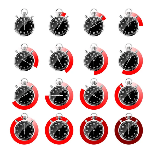 Realistiskt Klassiskt Stoppur Glänsande Metallkronometer Svart Tidsräknare Med Urtavla Röd — Stock vektor