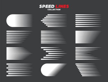 Beyaz çizgi film ya da yuvarlak köşeli komik hız çizgileri. Hareket etkisinde basit bir çizgi. Çizgi roman tasarım elemanı. Vektör koleksiyonu.