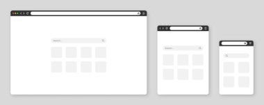Sekme, araç çubuğu ve arama alanı olan boş web tarayıcı penceresi. Modern web sitesi, düz stil internet sayfası. Bilgisayar, tablet ve akıllı telefon için tarayıcı modeli. Vektör illüstrasyonu.