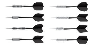 Metal uçlu siyah oklar beyaz arka planda izole edilmiş. Dart atmaca, dart aletleri. Vektör illüstrasyonu.