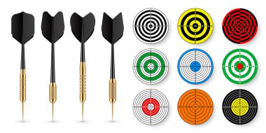 Dart okları ve gölgeleri olan kağıt hedefler. Atış menzilli hedef, tümenler, işaretler ve sayılar. Atış talimi, antrenman, spor müsabakaları. Tam isabet ve nişan al. Vektör illüstrasyonu.