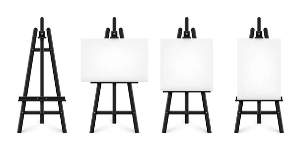白いキャンバスが付いている現実的なペンキ デスク 黒い木製のイーゼルと絵の紙のシート 三脚のプレゼンテーションボード アートワークのモックアップ テンプレート ベクトルイラスト — ストックベクタ