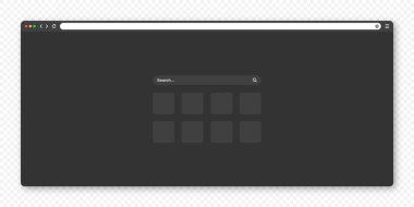 Araç çubuğu ve arama alanı olan boş web tarayıcı penceresi. Modern web sitesi, düz stil internet sayfası. Bilgisayar, tablet ve akıllı telefon için tarayıcı modeli. Uyarlamalı UI, karanlık mod. Vektör illüstrasyonu.