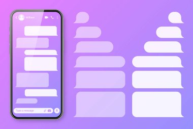 Renkli menekşe arka planında mesajlaşma uygulaması olan gerçekçi bir akıllı telefon. Boş SMS metin çerçevesi. Şeffaf mesaj baloncuklarıyla sohbet ekranı. Sosyal medya uygulaması. Vektör illüstrasyonu.