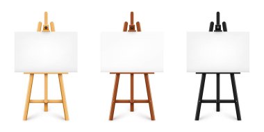 Boş beyaz tuvalli gerçekçi boya masası. Siyah ahşap sehpa ve çizim kağıdı. Tripodun üzerinde sunum tahtası. Sanatsal model, şablon. Vektör illüstrasyonu.