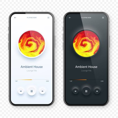 Çevrimiçi ses oynatıcı arayüzü, akıllı telefon uygulaması UI tasarımı. Müzik, medya yayını ve dinleme platformu. Tepkili mobil uygulama. Neumorphism, neumorphic style. Vektör illüstrasyonu