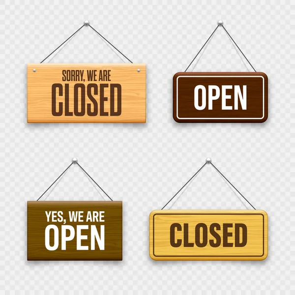 Wooden Open Closed Hanging Signboards Made Wood Door Sign Cafe — Stock Vector