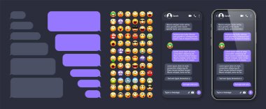 Akıllı telefon mesaj uygulaması, emoji ile kullanıcı arayüzü. SMS metin çerçevesi. Sohbet ekranı, mor mesaj baloncukları. İletişim için mesaj uygulaması. Sosyal medya uygulaması. Karanlık mod. Vektör illüstrasyonu.