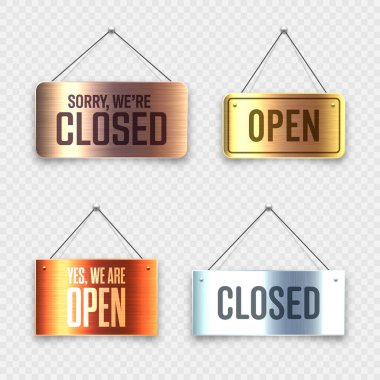 Fırçalanmış metal Açık ve Kapalı asılı tabelalar. Kafe, restoran, bar ya da perakende mağazası için klasik kapı tabelası. Duyuru pankartı, iş ya da hizmet için bilgi tabelası. Vektör illüstrasyonu.
