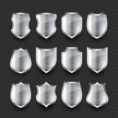Çeşitli klasik 3D metal kalkan simgeleri seti. Parlak çelik hanedan kalkanları. Siyah koruma ve güvenlik sembolü, etiket. Vektör illüstrasyonu.