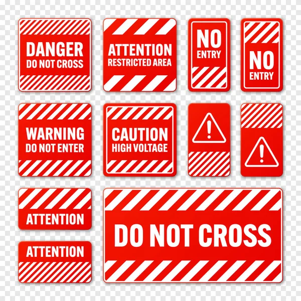 各种带有对角线的白色和红色警告标志 危险或警告标志 建筑工地标志 现实的告示牌 警告横幅 道路盾牌 矢量说明 — 图库矢量图片