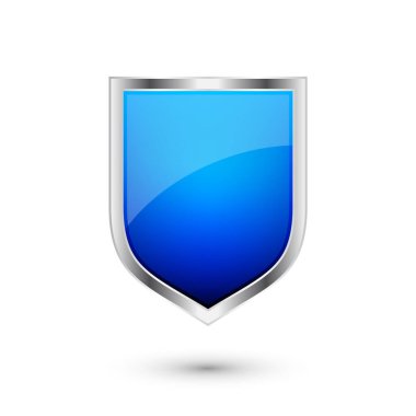 Parlak metal çerçeveli klasik Heraldik 3D kalkan ikonu. Mavi koruma, güvenlik ve savunma sembolü. Ortaçağ tasarım elementi. Vektör illüstrasyonu.