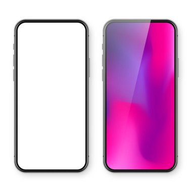Boş dokunmatik ekranlı akıllı telefon ve soyut renkli arkaplan, duvar kağıdı. Ön görüntüde çerçevesiz cep telefonu var. Yüksek kalite detaylı cihaz modeli. Vektör illüstrasyonu.