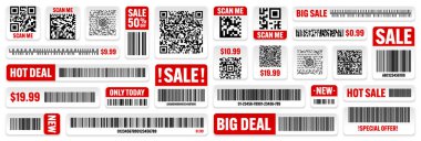 Bir dizi ürün barkodları ve QR kodları. Özel teklif, satış etiketleri, indirim etiketleri ya da promosyon rozeti. Seri numarası, ürün kimliği. Süpermarket perakende etiketi, fiyat etiketi. Vektör illüstrasyonu.