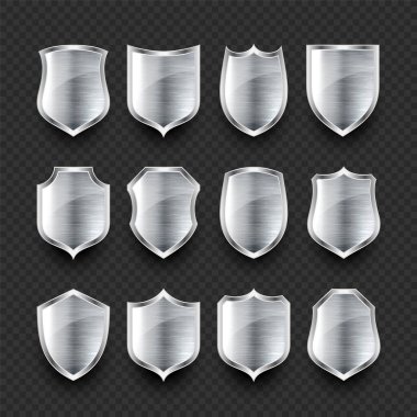 Çeşitli klasik 3D metal kalkan simgeleri seti. Parlak çelik hanedan kalkanları. Siyah koruma ve güvenlik sembolü, etiket. Vektör illüstrasyonu.