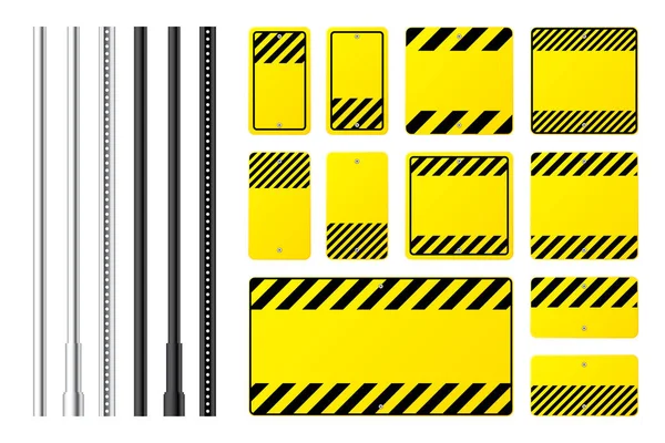 Warning Danger Signs Attention Banners Metal Poles Blank Yellow Caution — Stock Vector
