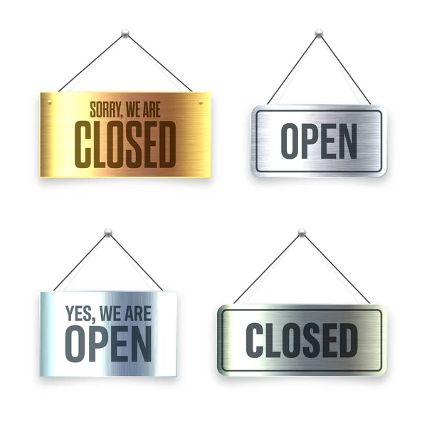 Brushed Metal Open Closed Hanging Signboards Vintage Door Sign Cafe — Stock Vector