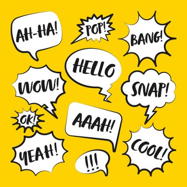 El yazısıyla yazılmış komik konuşma baloncukları. Özet geç, el çizimi eski çizgi film etiketleri sarı arka planda. Sohbet ve iletişim, diyalog unsurları. Pop sanat tarzı. Vektör illüstrasyonu.