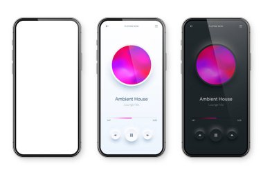 Çevrimiçi ses oynatıcı arayüzü, akıllı telefon uygulaması UI tasarımı. Müzik, medya yayını ve dinleme platformu. Tepkili mobil uygulama. Neumorphism, neumorphic style. Vektör illüstrasyonu