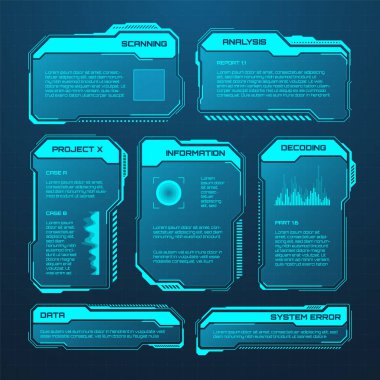 Mavi fütüristik HUD ya da UI elementleri. Bilim kurgu kullanıcı arayüzü mesaj kutuları, çağrılar. Uyarı ileti çerçeveleri, bilgi kutuları şablonu. Modern oyun arayüzü düzeni dijital stilde. Vektör illüstrasyonu.