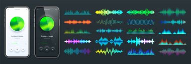 Çevrimiçi ses oynatıcı arayüzü, akıllı telefon uygulaması UI tasarımı. Müzik, medya yayını ve dinleme platformu. Tepkili mobil uygulama. Neumorfizm. Çeşitli ses dalgaları. Vektör illüstrasyonu.