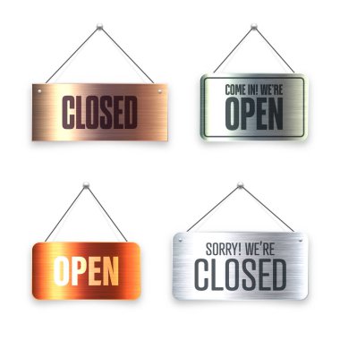 Fırçalanmış metal Açık ve Kapalı asılı tabelalar. Kafe, restoran, bar ya da perakende mağazası için klasik kapı tabelası. Duyuru pankartı, iş ya da hizmet için bilgi tabelası. Vektör illüstrasyonu.