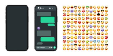 Akıllı telefon mesaj uygulaması, emoji ile kullanıcı arayüzü. SMS metin çerçevesi. Sohbet ekranı, yeşil mesaj baloncukları. İletişim için mesaj uygulaması. Sosyal medya uygulaması. Karanlık mod. Vektör illüstrasyonu.