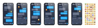 Akıllı telefon mesaj uygulaması, emoji ile kullanıcı arayüzü. SMS metin çerçevesi. Sohbet ekranı, mavi mesaj baloncukları. İletişim için mesaj uygulaması. Sosyal medya uygulaması. Karanlık mod. Vektör illüstrasyonu.