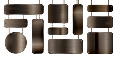 Zincirde asılı metal pankartlar. Gerçekçi, parlak, vidalı çelik bir plaka. Cilalanmış paslı metal yüzey. Vektör illüstrasyonu.