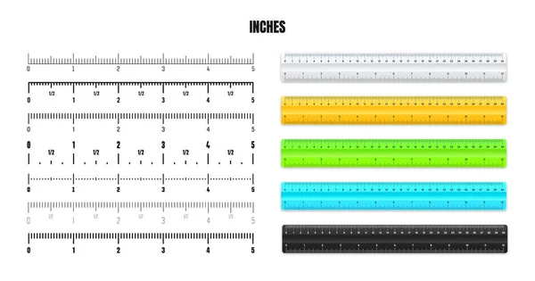 用于测量长度或高度的具有黑色英寸刻度的现实塑料尺子 不同的刻度与除法 磁带测量标记 尺寸指示器 矢量说明 — 图库矢量图片