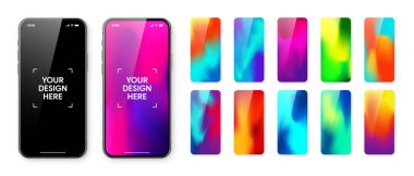 Boş dokunmatik ekranlı akıllı telefon ve soyut renkli arkaplan, duvar kağıdı. Ön görüntüde çerçevesiz cep telefonu var. Yüksek kalite detaylı cihaz modeli. Vektör illüstrasyonu.