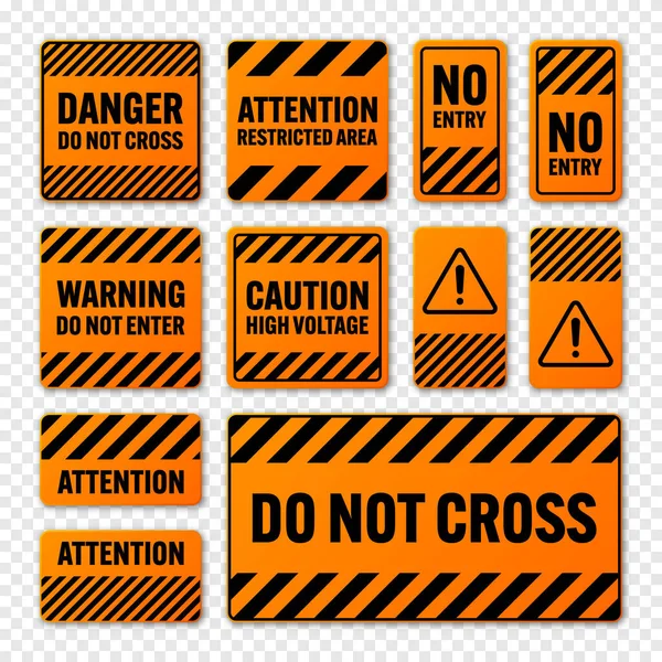 Various Black Orange Warning Signs Diagonal Lines Attention Danger Caution — Stock Vector