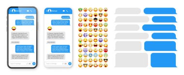 Akıllı telefon mesajlaşma uygulaması, emoji ile kullanıcı arayüzü tasarımı. SMS metin çerçevesi. Mavi mesaj baloncuklu sohbet ekranı. İletişim için mesaj uygulaması. Sosyal medya uygulaması. Vektör illüstrasyonu.