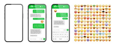 Akıllı telefon mesajlaşma uygulaması, emoji ile kullanıcı arayüzü tasarımı. SMS metin çerçevesi. Yeşil mesaj baloncuklu sohbet ekranı. İletişim için mesaj uygulaması. Sosyal medya uygulaması. Vektör illüstrasyonu.