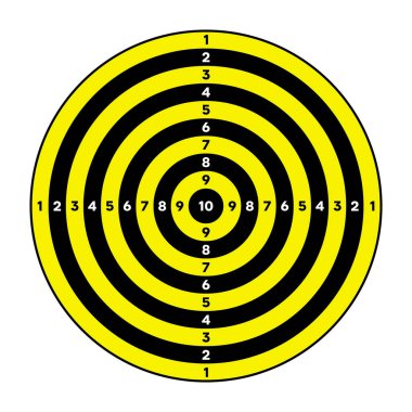 Atış menzilli kağıt hedefler, bölümler, işaretler ve numaralar. Okçuluk, atış talimi, antrenman, spor müsabakası ve avcılık. Tam isabet ve nişan al. Vektör illüstrasyonu.