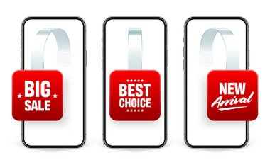 Süpermarket tanıtımları ve akıllı telefonlar. Rafların reklamını yapmak için gerçekçi yalpalayıcı. Reklam metniyle indirimli veya indirimli etiket. Özel fiyat etiketi. İnternet, web mağazası konsepti. Vektör illüstrasyonu.