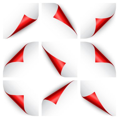 Kırmızı kağıt bukleler. Gölgeli kıvrımlı sayfa köşesi. Boş bir kağıt parçası. Renkli parlak folyo. Reklam ve tanıtım için tasarım elemanı. Vektör illüstrasyonu