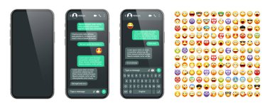 Akıllı telefon mesaj uygulaması, emoji ile kullanıcı arayüzü. SMS metin çerçevesi. Sohbet ekranı, yeşil mesaj baloncukları. İletişim için mesaj uygulaması. Sosyal medya uygulaması. Karanlık mod. Vektör illüstrasyonu.
