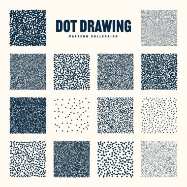 Square shaped dotted objects, vintage stipple elements. Stippling, dotwork drawing, shading using dots. Halftone effect. White noise grainy texture, pattern. Vector illustration.