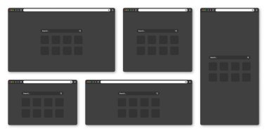 Araç çubuğu ve arama alanı olan boş web tarayıcı penceresi. Modern web sitesi, düz stil internet sayfası. Bilgisayar, tablet ve akıllı telefon için tarayıcı modeli. Uyarlamalı UI, karanlık mod. Vektör illüstrasyonu.