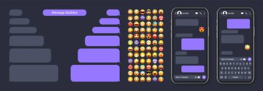 Akıllı telefon mesaj uygulaması, emoji ile kullanıcı arayüzü. SMS metin çerçevesi. Sohbet ekranı, mor mesaj baloncukları. İletişim için mesaj uygulaması. Sosyal medya uygulaması. Karanlık mod. Vektör illüstrasyonu.