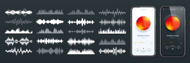 Online audio player user interface, smartphone app UI design. Music, media streaming and listening platform. Responsive mobile application. Neumorphism. Various sound waves. Vector illustration. clipart